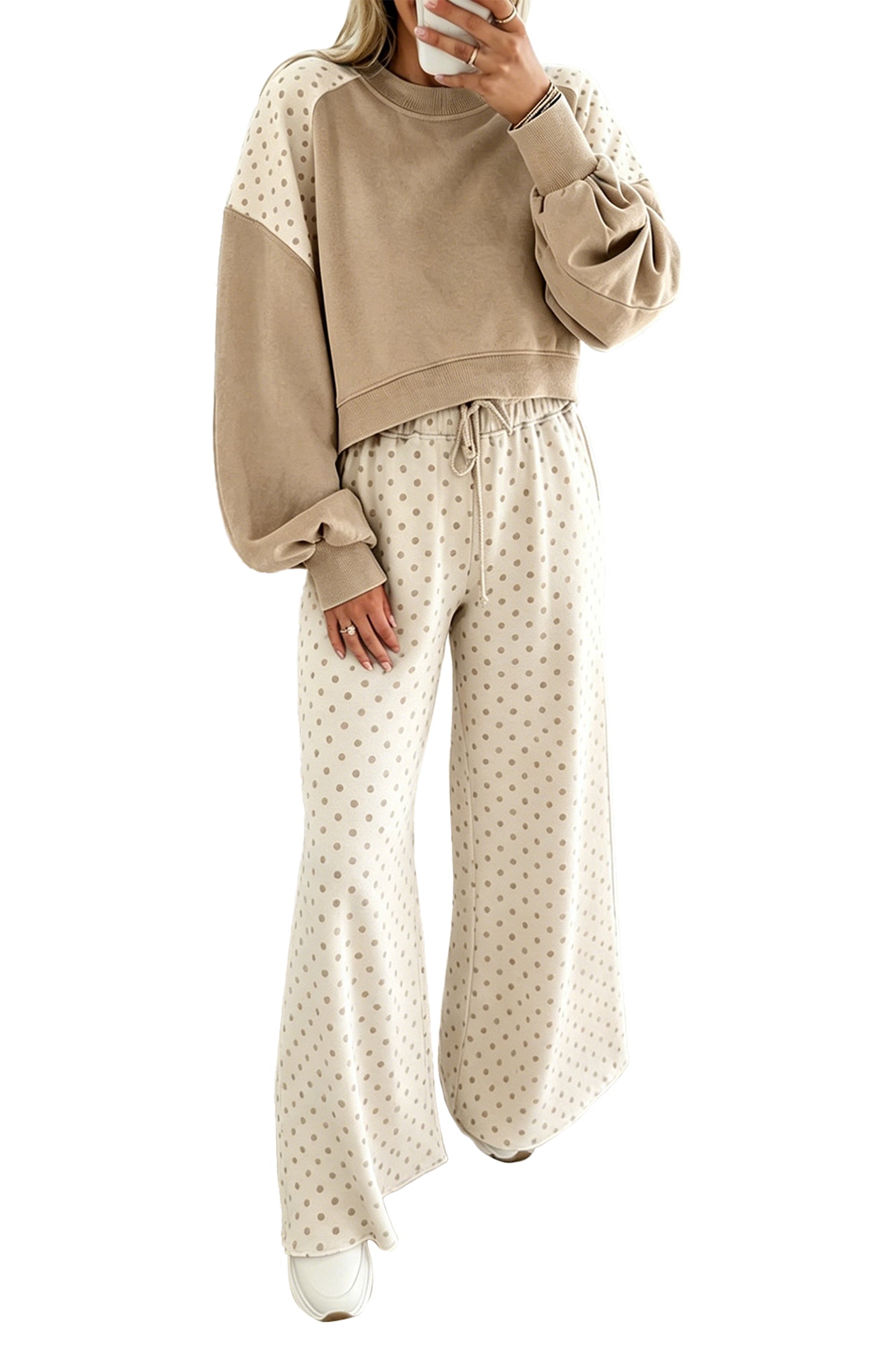 Green Polka Dot Patchwork Colorblock Long Sleeve Casual Two Piece Pants Set