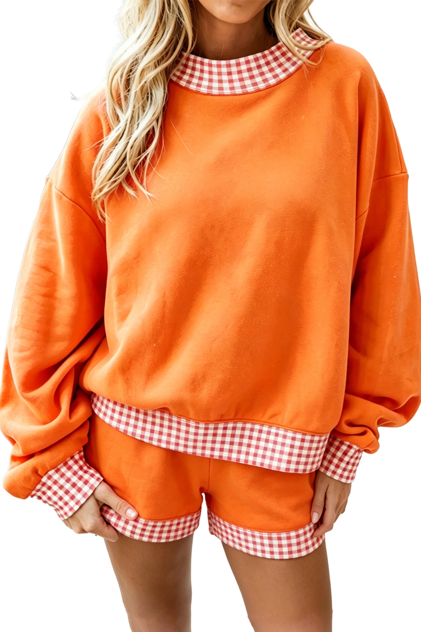 Fiery Red Gingham Trim Baggy Pullover 2pcs Short Set