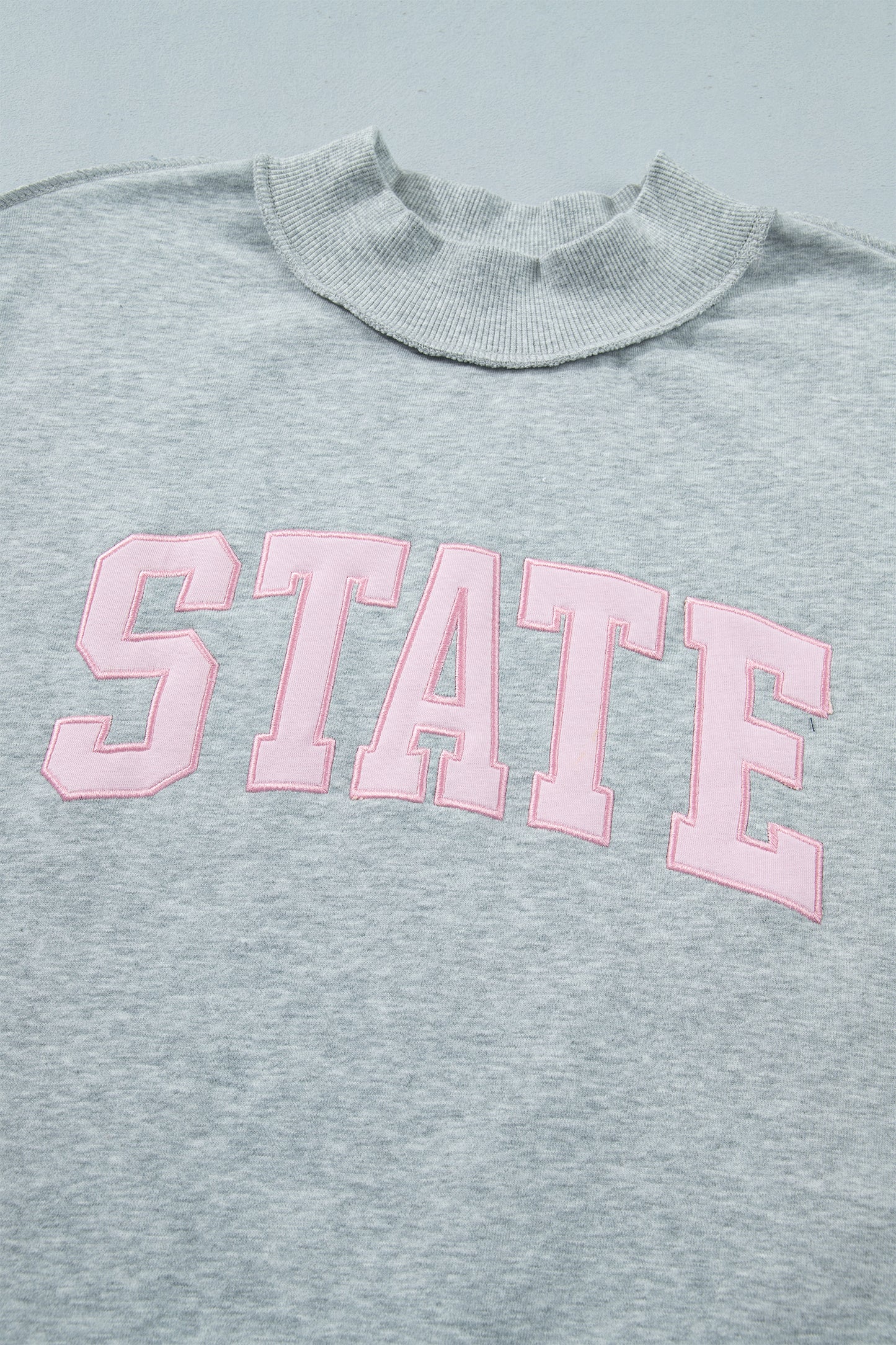 Light Grey Exposed Seam Mock Neck STATE Letter Graphic Loose Sweatshirt