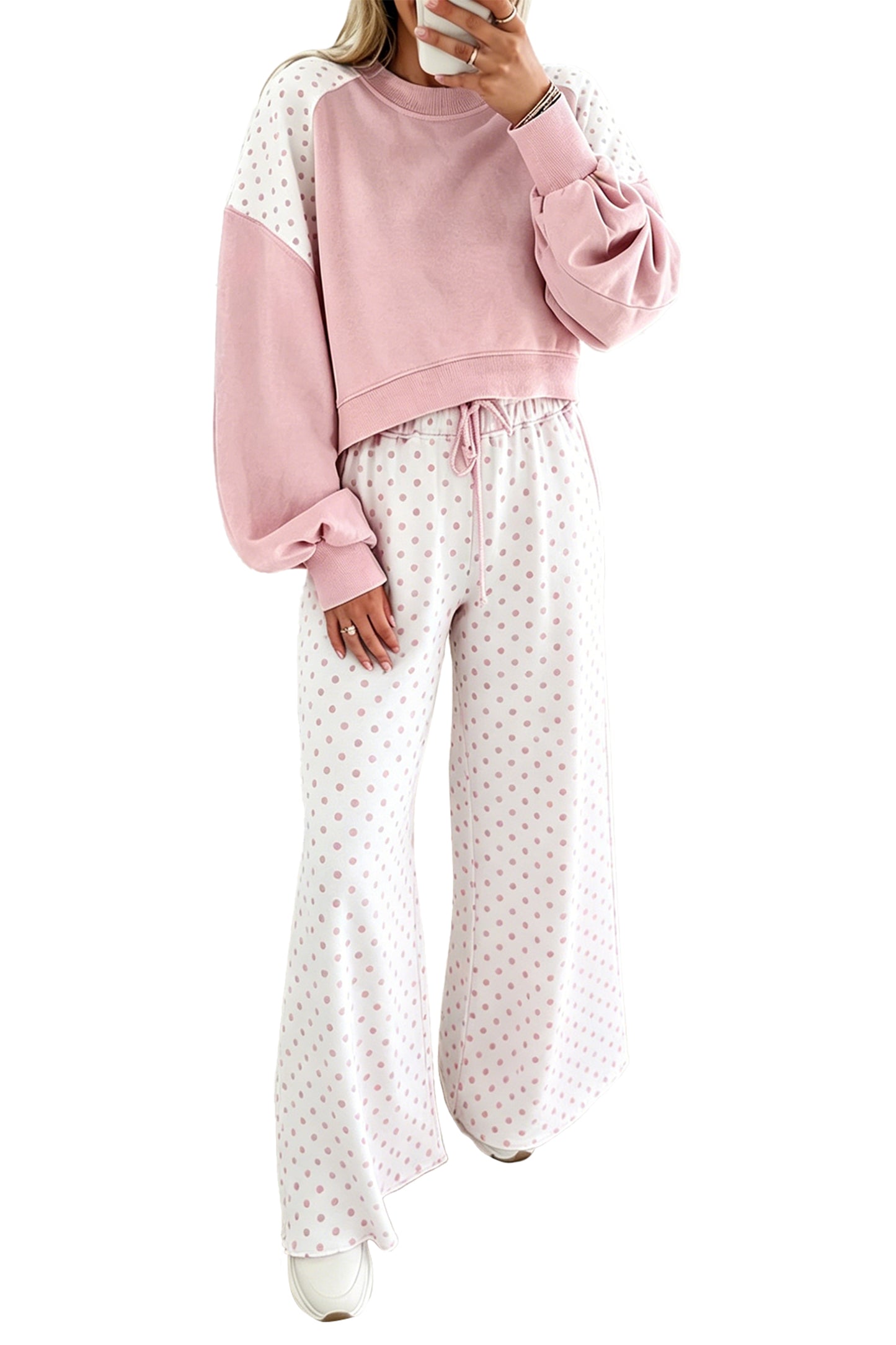 Green Polka Dot Patchwork Colorblock Long Sleeve Casual Two Piece Pants Set