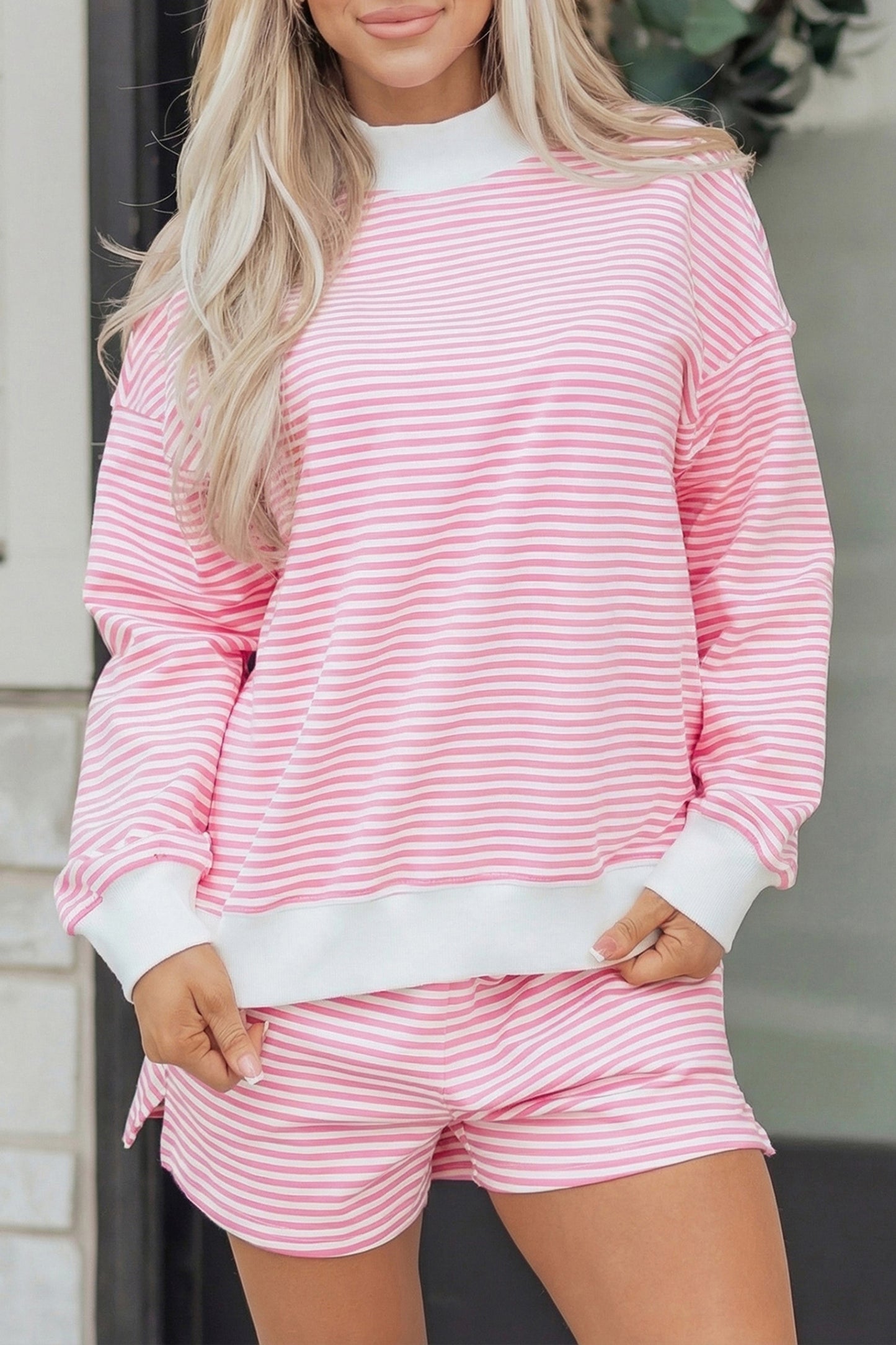 Red Stripe Oversize Mock Neck Sweatshirt and Shorts Set