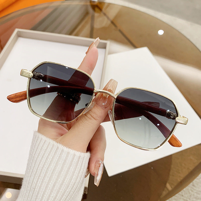 wood-grain side polygonal sunglasses