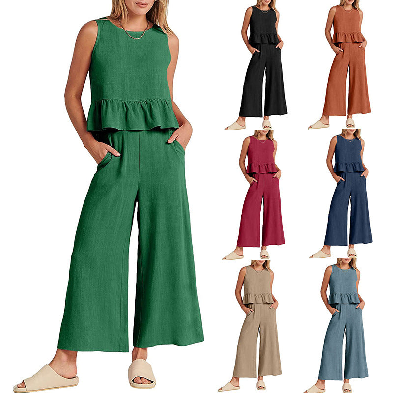 Women's sleeveless ruffle top, wide-leg capri pants set