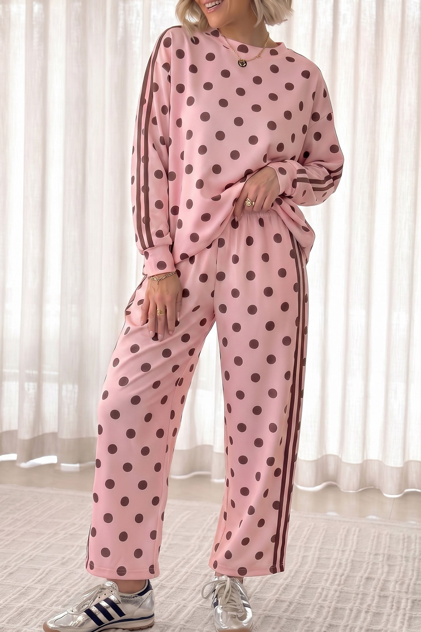 Pink Polka Dot Print Side Stripe Detail Long Sleeve Top Casual Pant Set