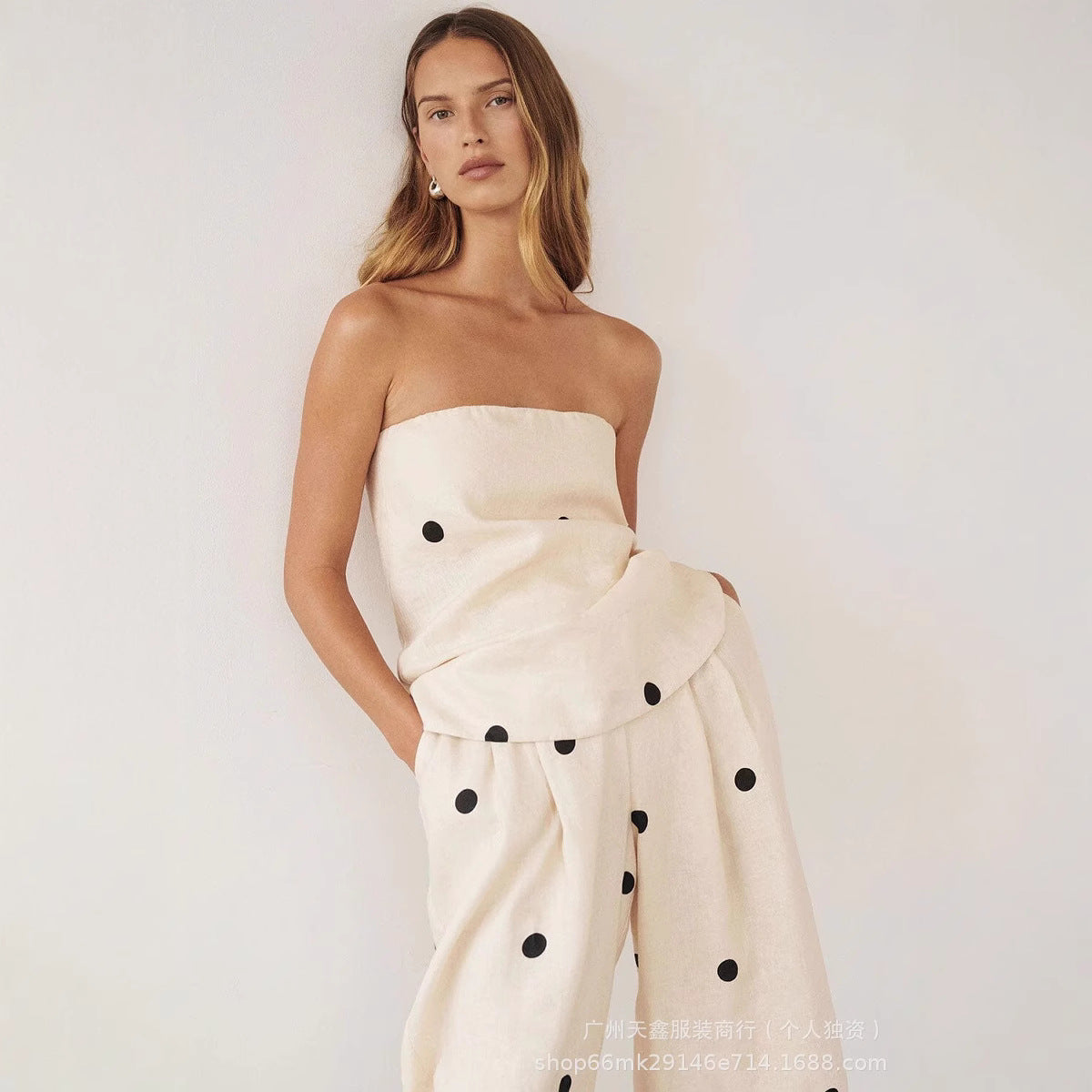 Women's style casual polka dot strapless tank top + high-waisted wide-leg pants