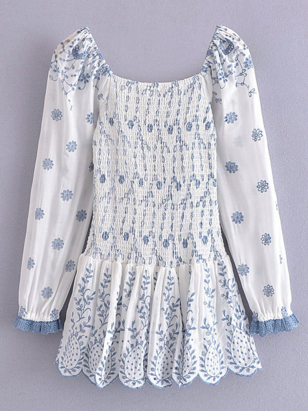 Blue and White Porcelain Embroidered Bodycon Dress