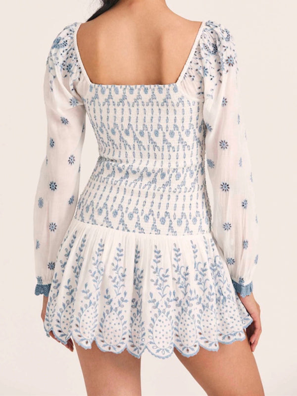 Blue and White Porcelain Embroidered Bodycon Dress