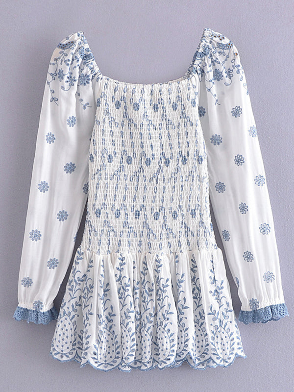 Blue and White Porcelain Embroidered Bodycon Dress