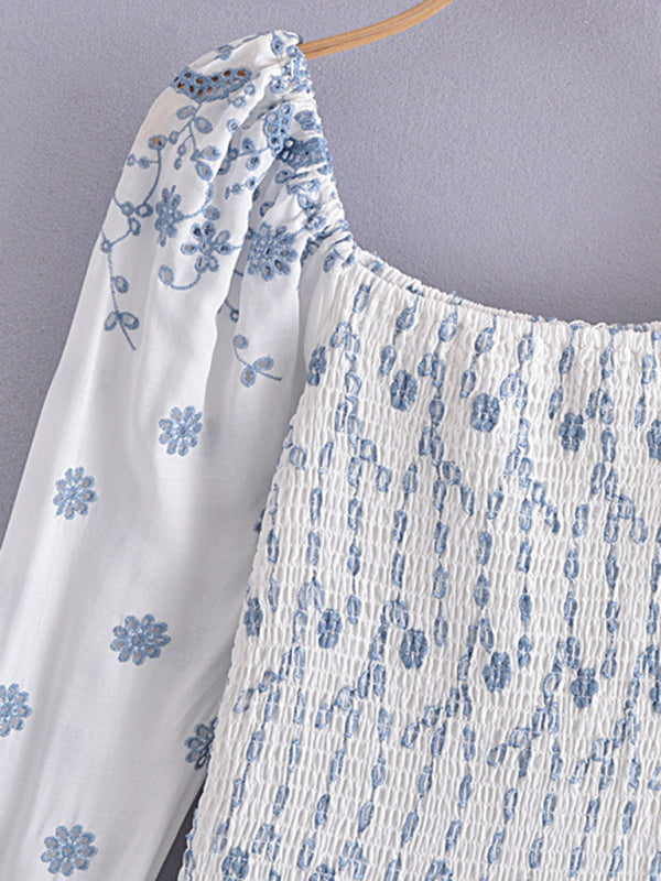 Blue and White Porcelain Embroidered Bodycon Dress