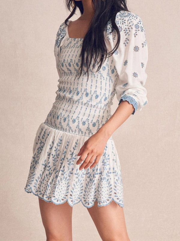 Blue and White Porcelain Embroidered Bodycon Dress