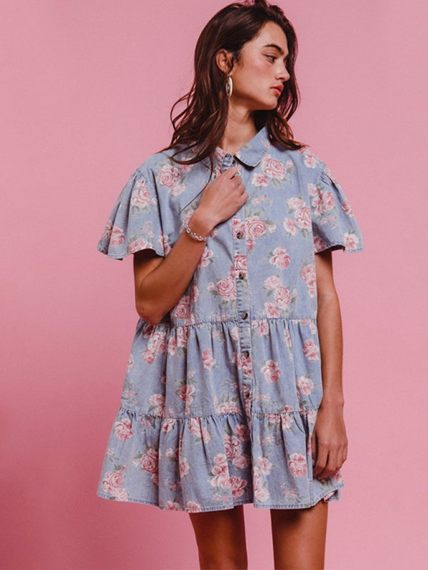 Light blue and pink floral print denim A-line lapel shirt dress