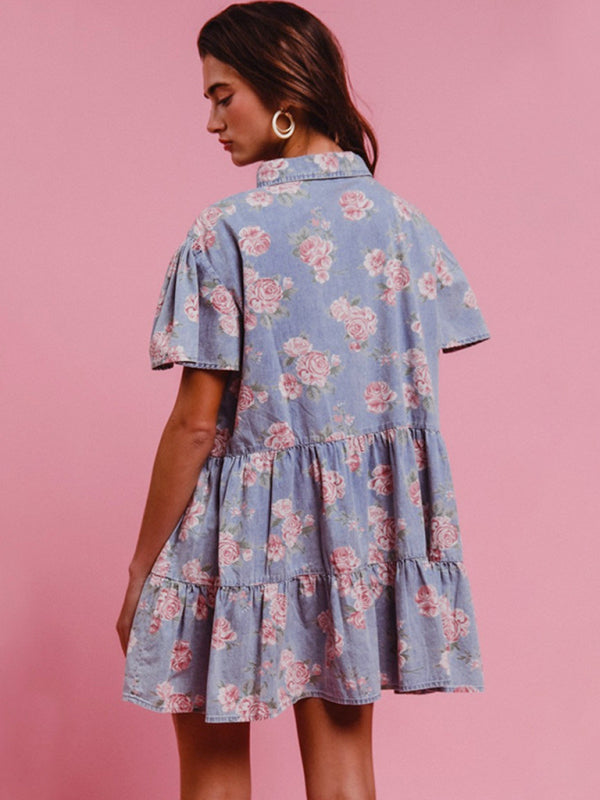 Light blue and pink floral print denim A-line lapel shirt dress