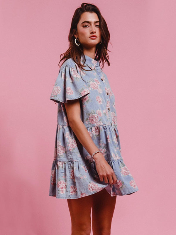 Light blue and pink floral print denim A-line lapel shirt dress