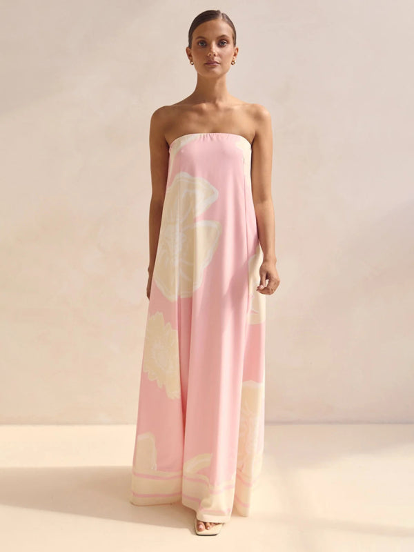 Sexy strapless off-shoulder pink printed dress