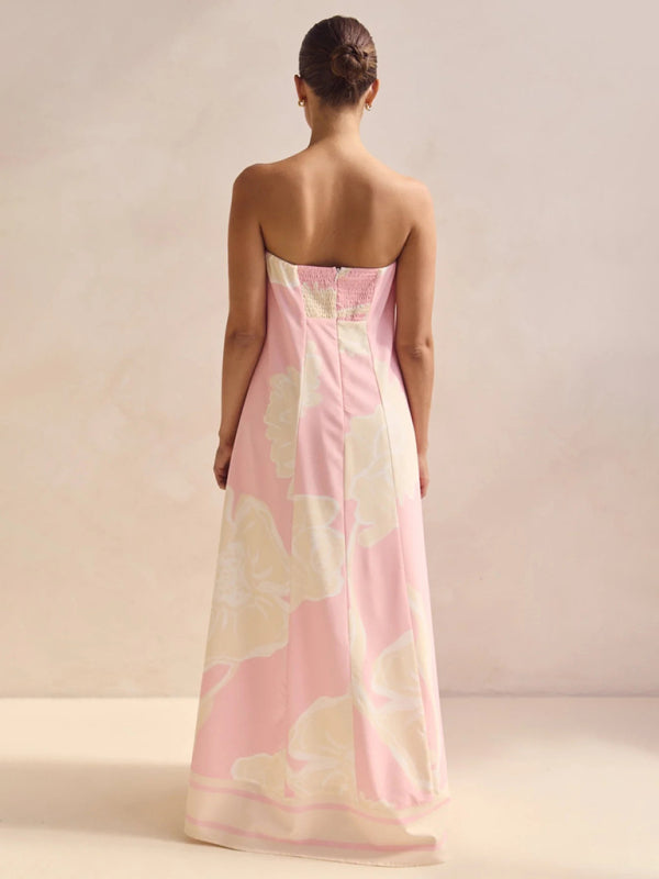Sexy strapless off-shoulder pink printed dress