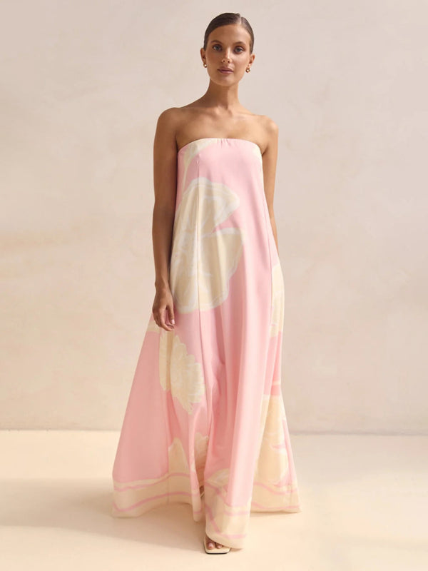 Sexy strapless off-shoulder pink printed dress