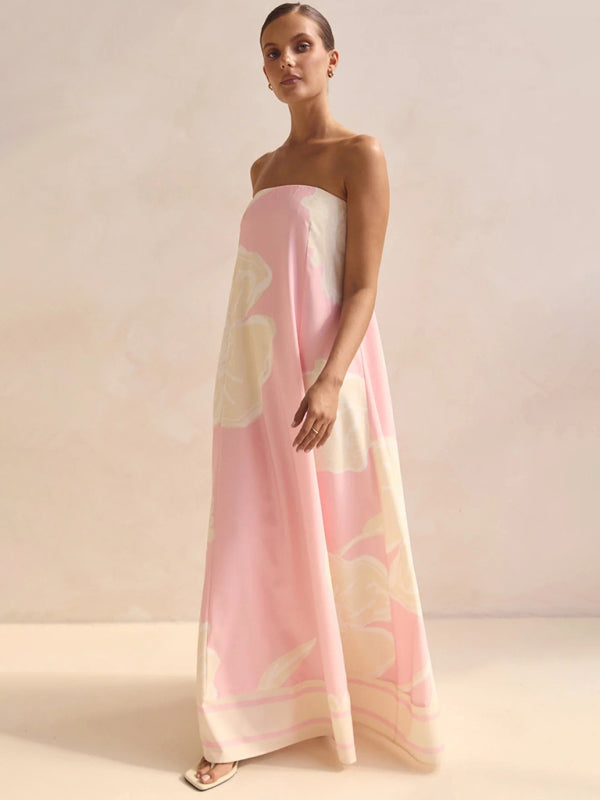 Sexy strapless off-shoulder pink printed dress