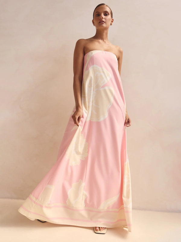 Sexy strapless off-shoulder pink printed dress