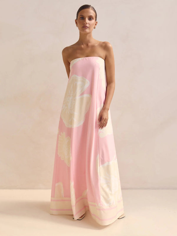 Sexy strapless off-shoulder pink printed dress
