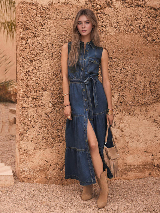 Denim sleeveless long dress with waist tie