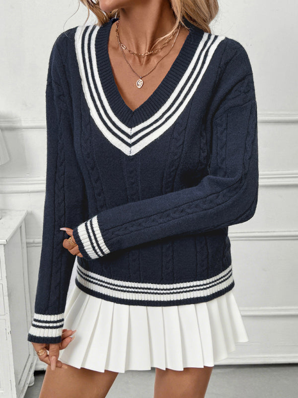 New V-neck cable knit sweater college style contrast color pullover sweater