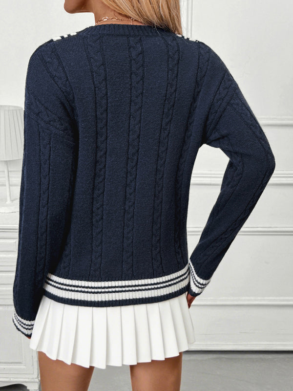 New V-neck cable knit sweater college style contrast color pullover sweater