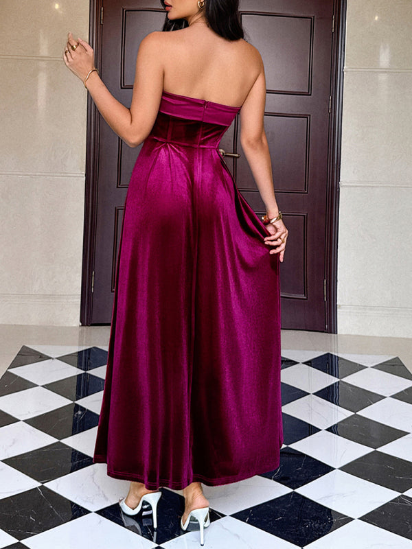 Strapless velvet solid color long dress