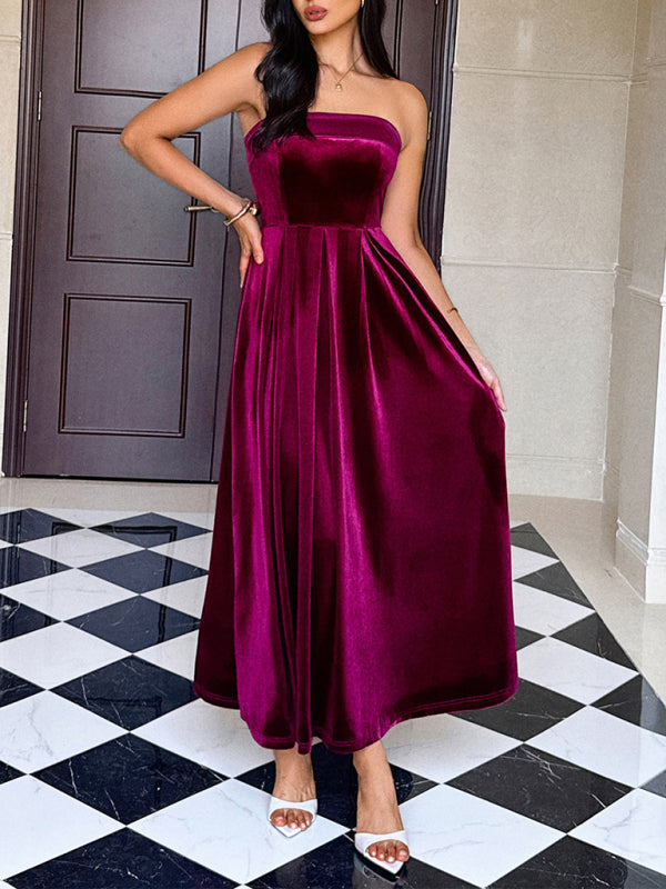 Strapless velvet solid color long dress