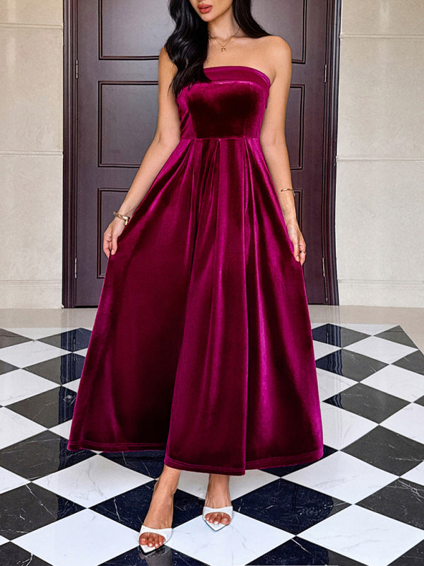 Strapless velvet solid color long dress