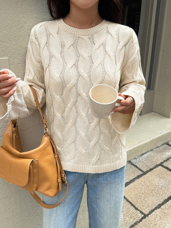 Casual simple long-sleeved solid color cable knit sweater