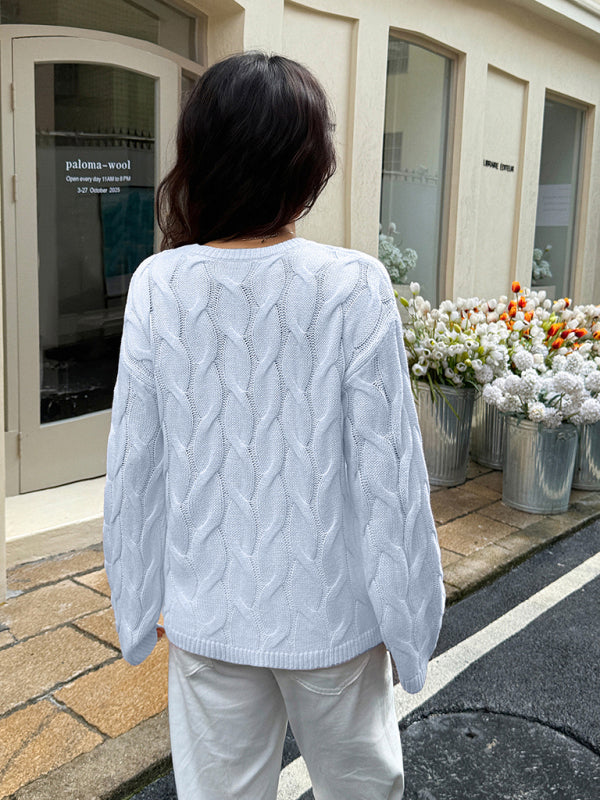 Casual simple long-sleeved solid color cable knit sweater