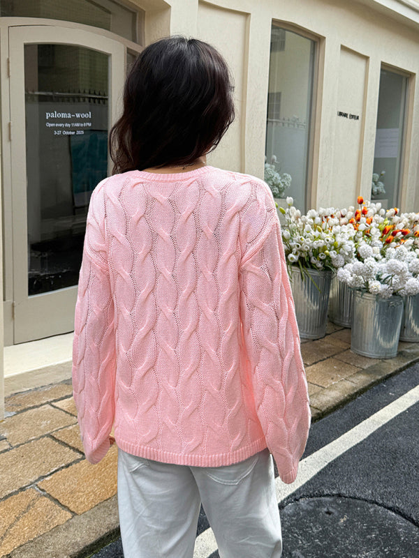 Casual simple long-sleeved solid color cable knit sweater