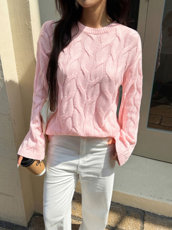 Casual simple long-sleeved solid color cable knit sweater