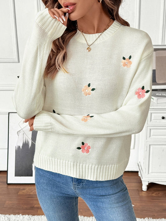 crew neck pullover sweater with embroidered flowers