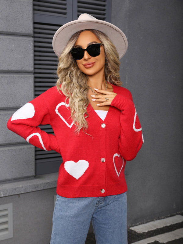 Valentine's Day Sweater Heart Button Cardigan Jacket