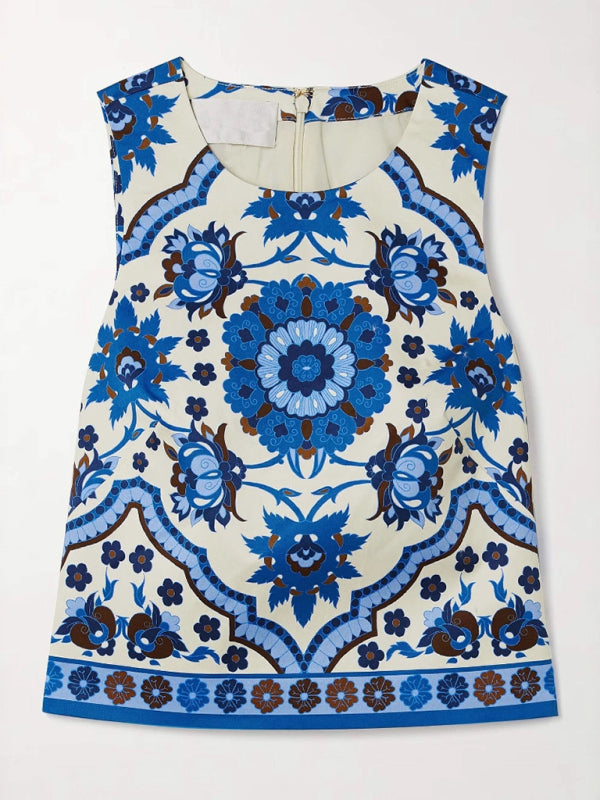 Blue printed round neck top and short skirt two-piece set