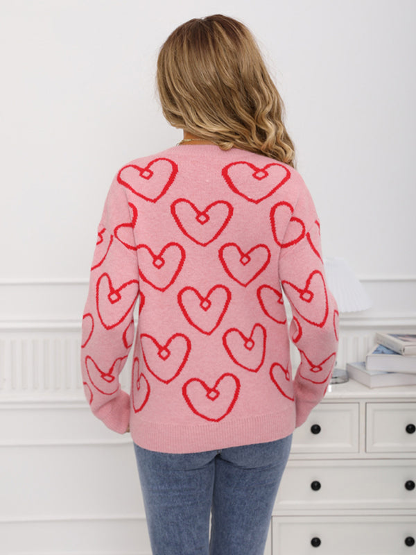 Round neck heart contrast color sweater