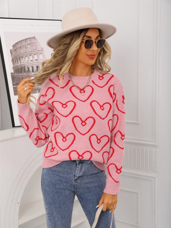 Round neck heart contrast color sweater