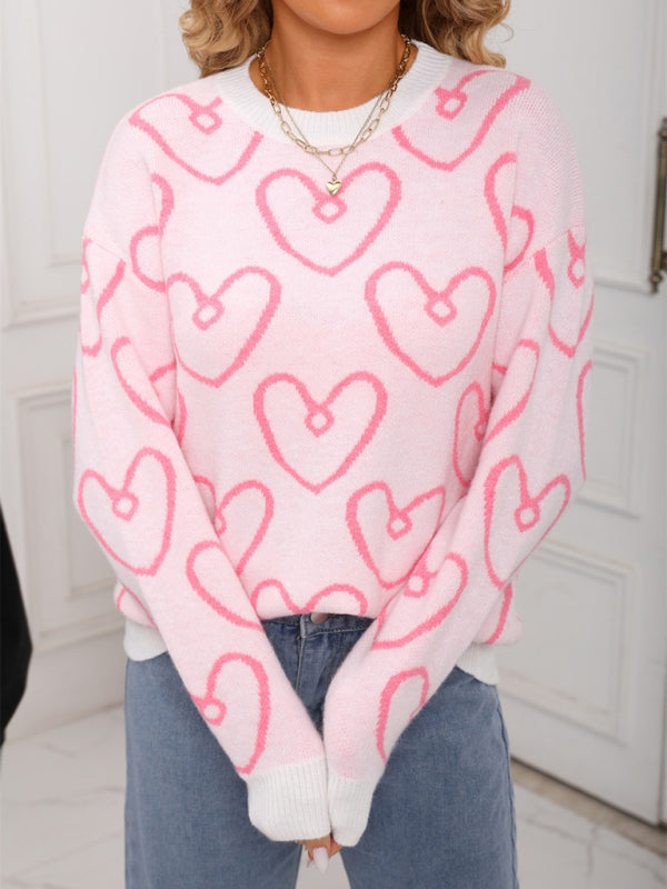 Round neck heart contrast color sweater