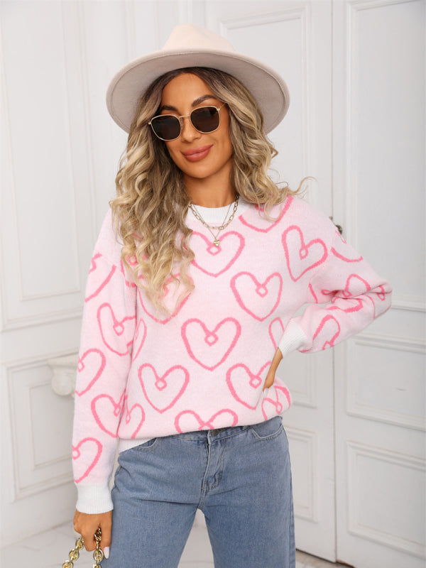 Round neck heart contrast color sweater