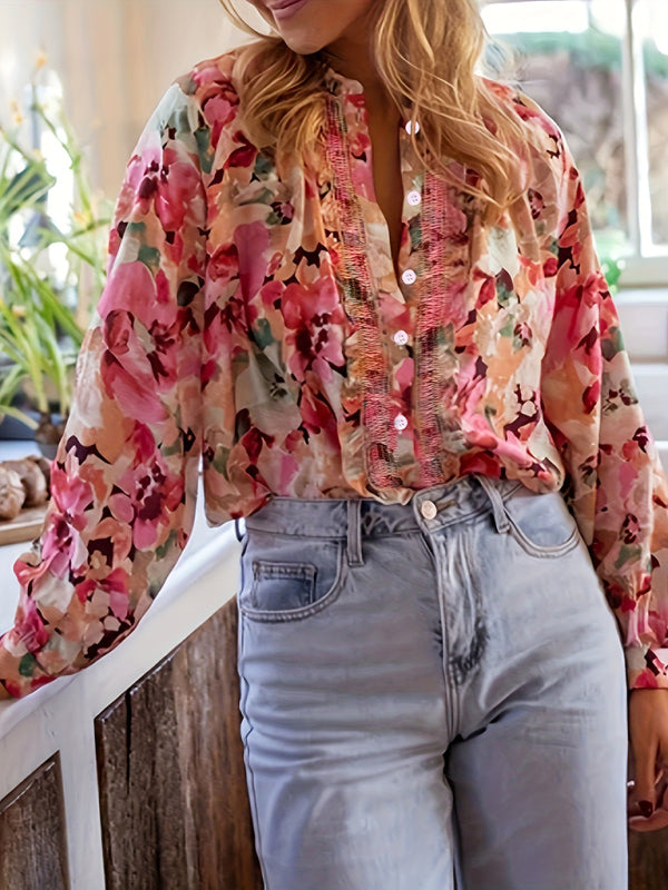 Floral print crew neck long-sleeved shirt top