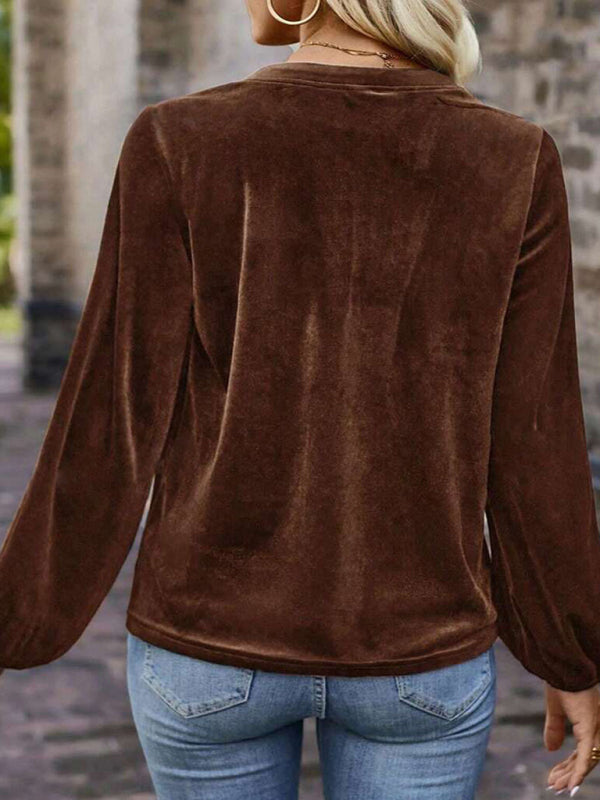 Solid color pullover V-neck casual button long-sleeved top
