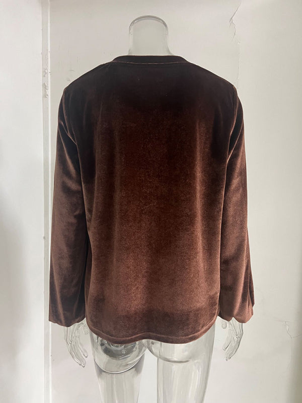 Solid color pullover V-neck casual button long-sleeved top