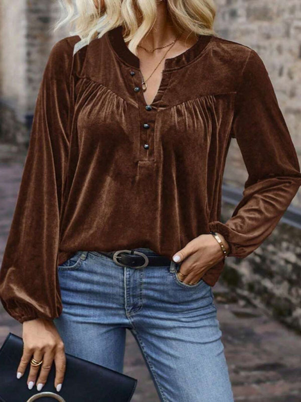 Solid color pullover V-neck casual button long-sleeved top